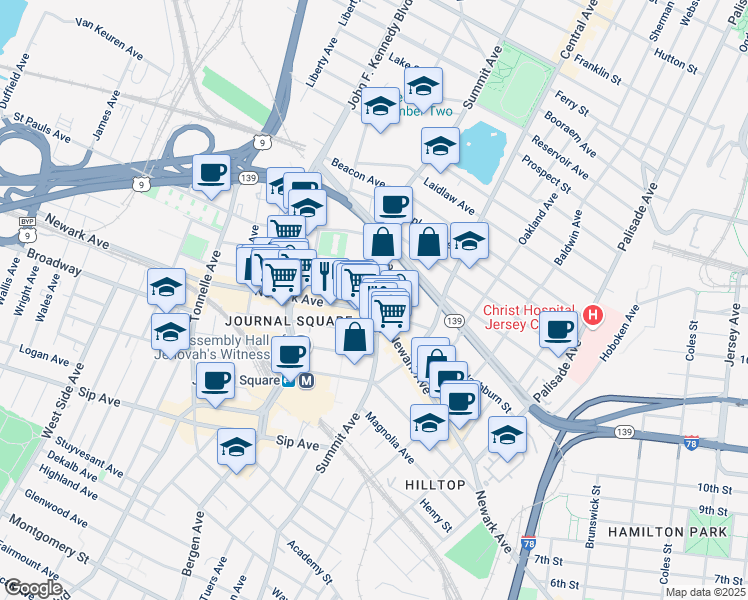 map of restaurants, bars, coffee shops, grocery stores, and more near 678 Newark Avenue in Jersey City