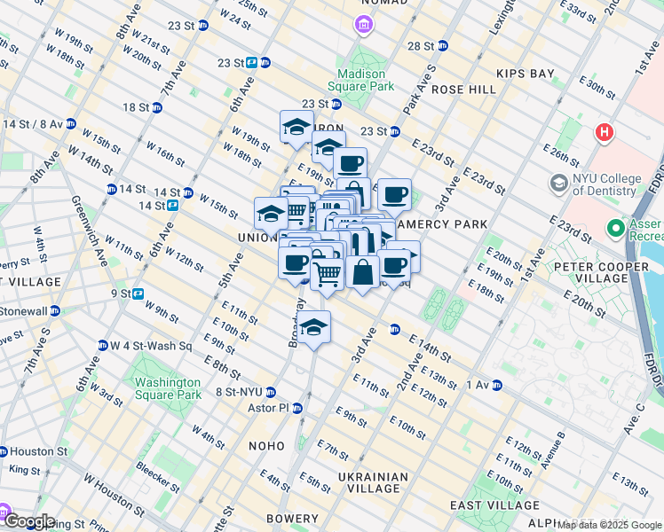 map of restaurants, bars, coffee shops, grocery stores, and more near 103 East 15th Street in New York
