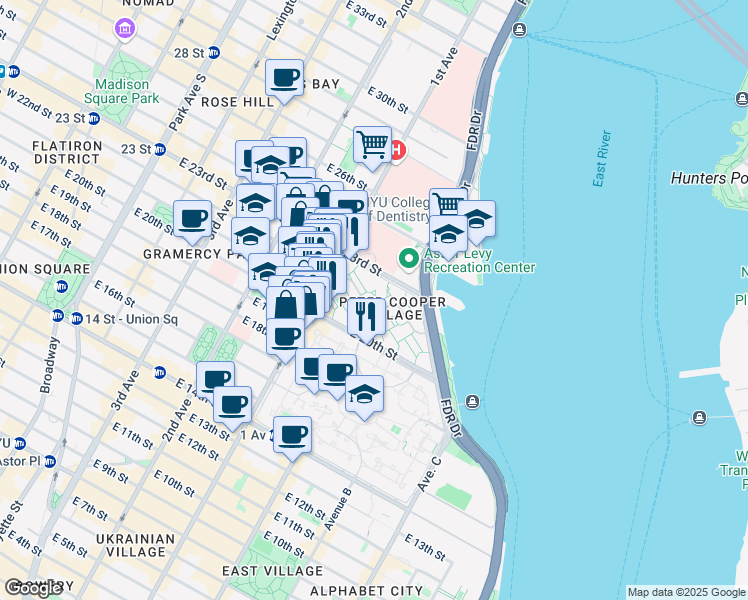 map of restaurants, bars, coffee shops, grocery stores, and more near 3 Peter Cooper Road in New York