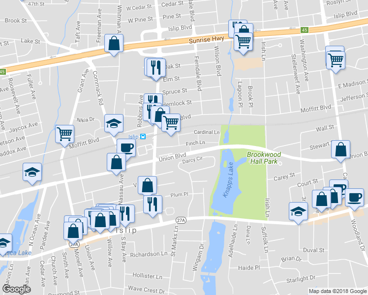 map of restaurants, bars, coffee shops, grocery stores, and more near 76 Finch Lane in Islip