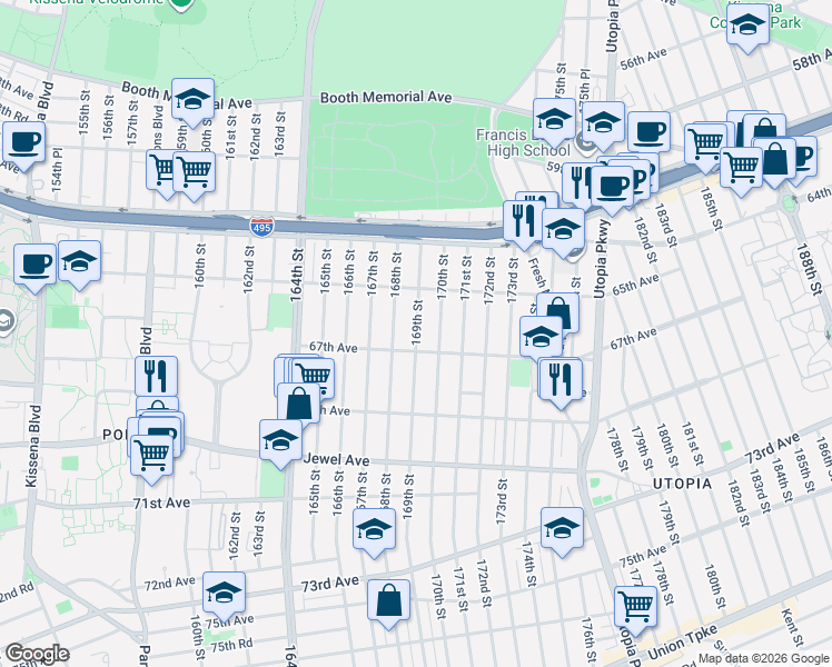 map of restaurants, bars, coffee shops, grocery stores, and more near 65-37 169th Street in Queens