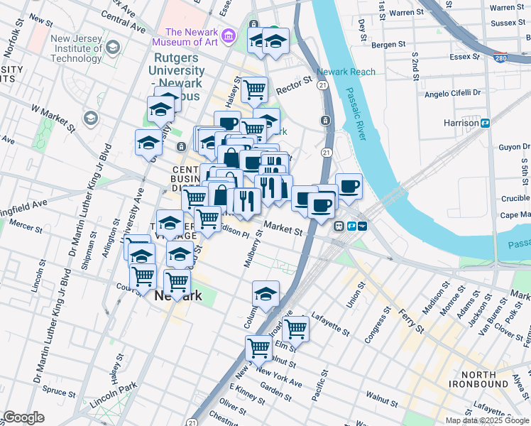 map of restaurants, bars, coffee shops, grocery stores, and more near 111 Mulberry Street in Newark