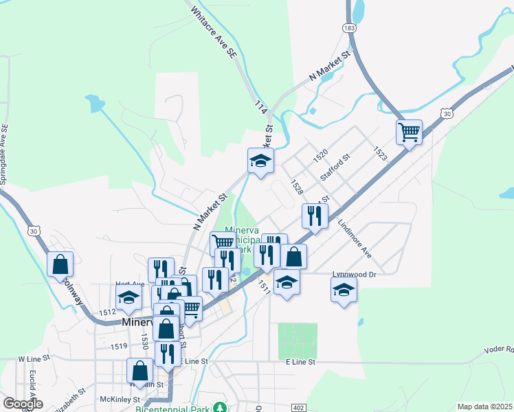 map of restaurants, bars, coffee shops, grocery stores, and more near 501 Almeda Avenue in Minerva