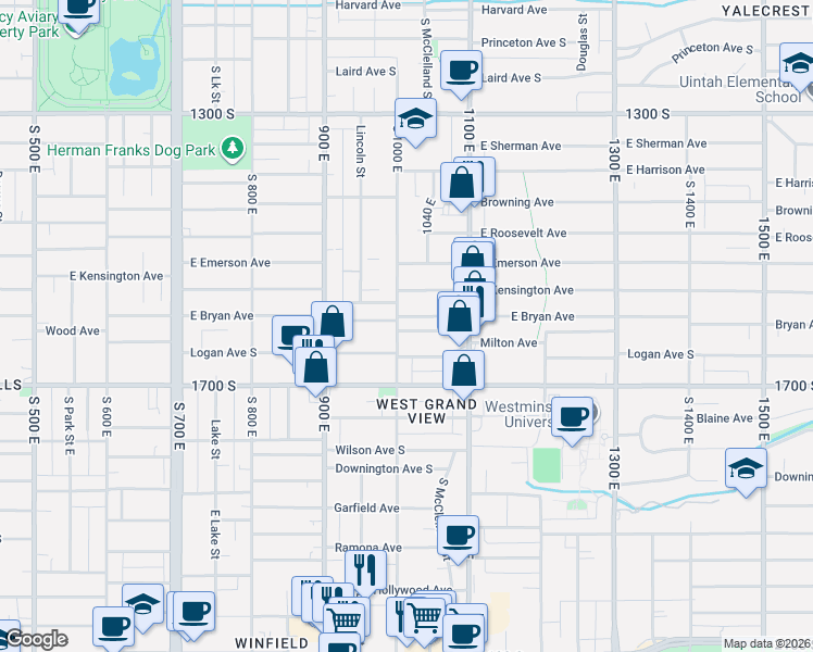 map of restaurants, bars, coffee shops, grocery stores, and more near 986 1560 South in Salt Lake City
