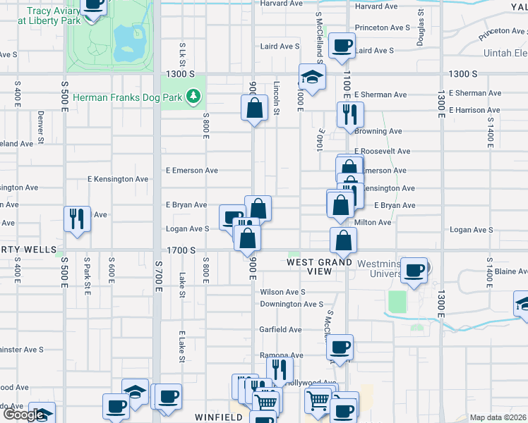 map of restaurants, bars, coffee shops, grocery stores, and more near 945 1560 South in Salt Lake City