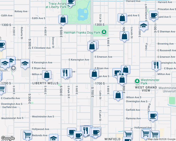 map of restaurants, bars, coffee shops, grocery stores, and more near 678 Bryan Avenue South in Salt Lake City