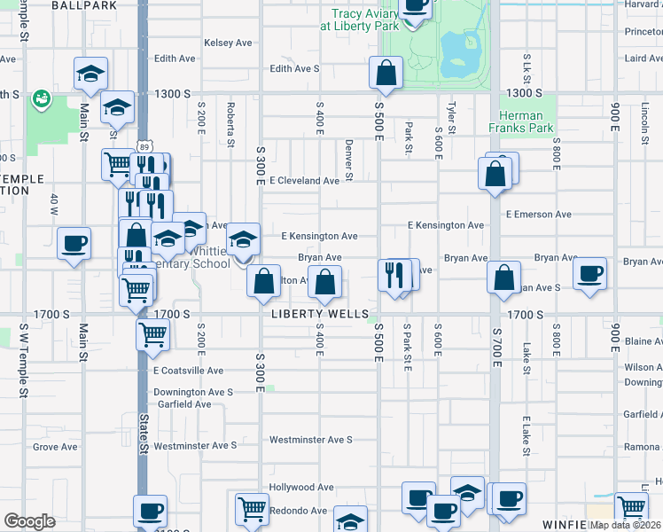 map of restaurants, bars, coffee shops, grocery stores, and more near 416 Bryan Avenue South in Salt Lake City