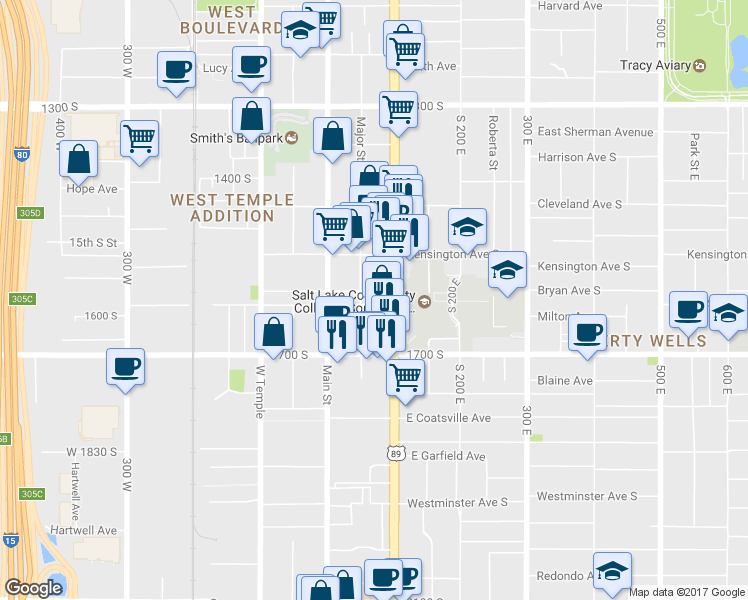 map of restaurants, bars, coffee shops, grocery stores, and more near 46 Bryan Avenue in Salt Lake City