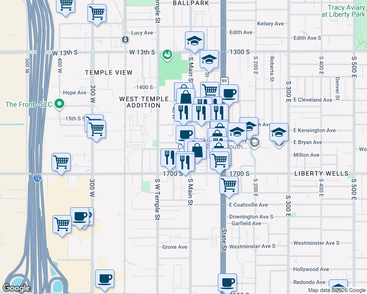 map of restaurants, bars, coffee shops, grocery stores, and more near 1575 South Main Street in Salt Lake City