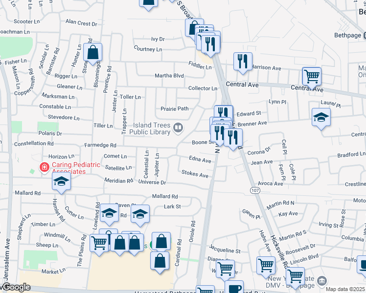 map of restaurants, bars, coffee shops, grocery stores, and more near 29 Boone Street in Bethpage