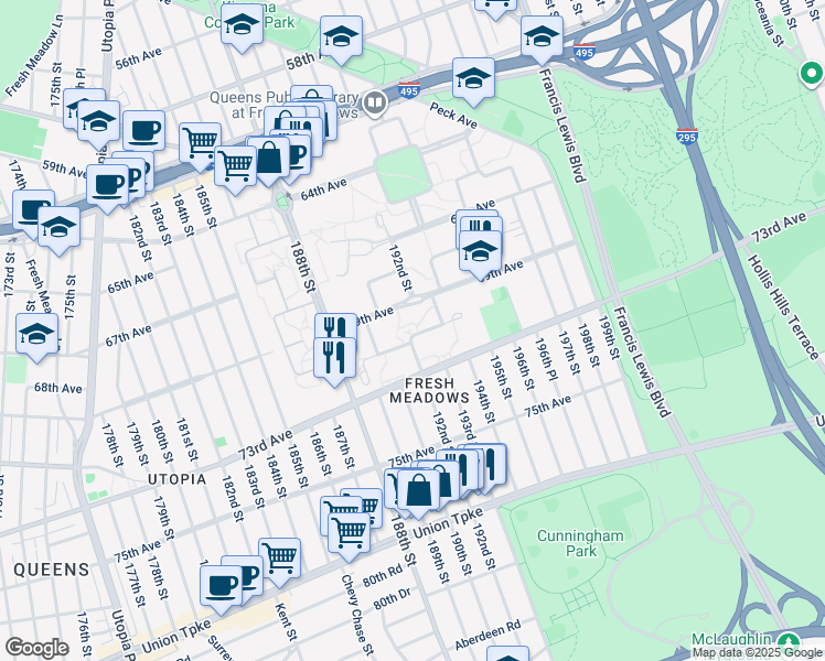 map of restaurants, bars, coffee shops, grocery stores, and more near 192-45 71st Crescent in Queens