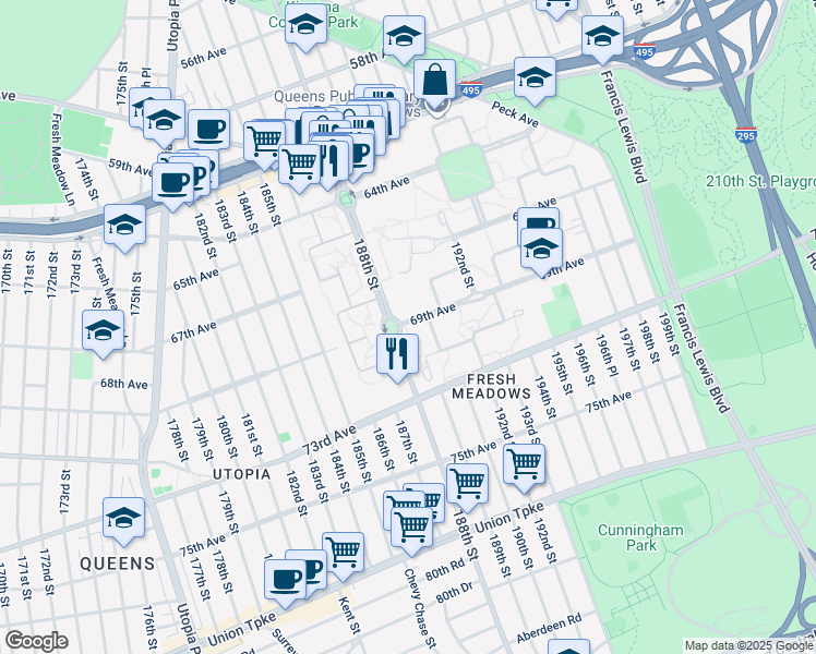 map of restaurants, bars, coffee shops, grocery stores, and more near 188-1-188-35 69th Avenue in Queens