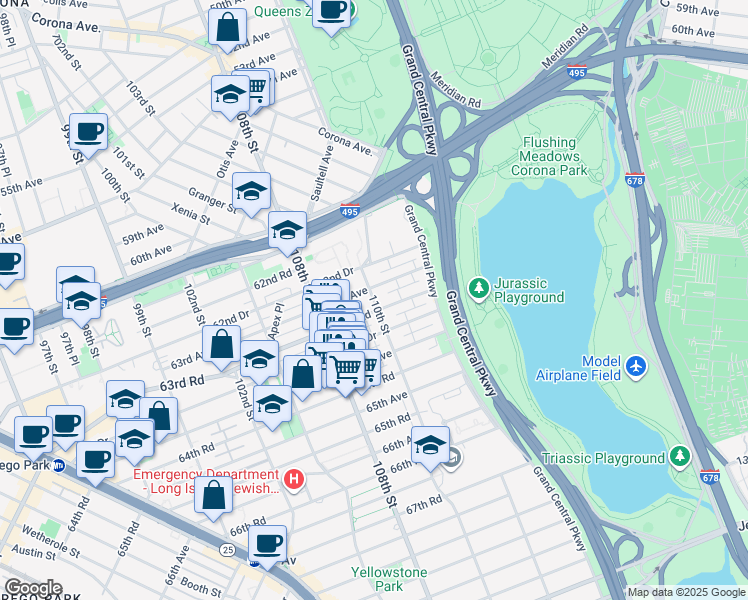 map of restaurants, bars, coffee shops, grocery stores, and more near 63-07 110th Street in Queens