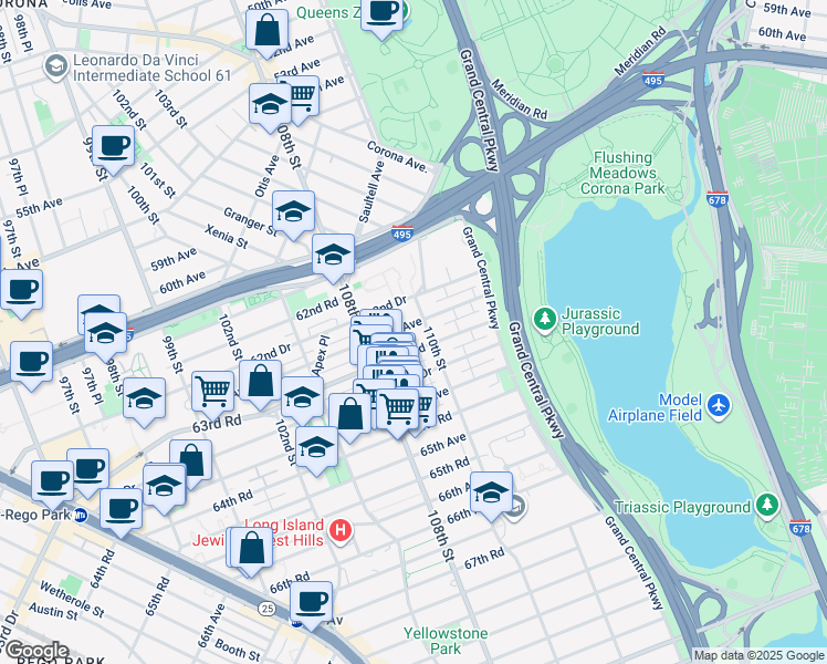 map of restaurants, bars, coffee shops, grocery stores, and more near 108-27 63rd Avenue in Queens