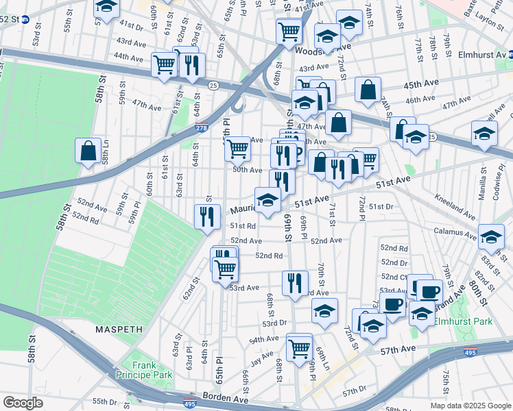 map of restaurants, bars, coffee shops, grocery stores, and more near 50-51 67th Street in Queens