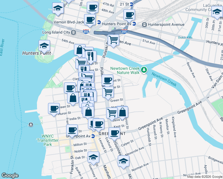 map of restaurants, bars, coffee shops, grocery stores, and more near 223 Eagle Street in Brooklyn