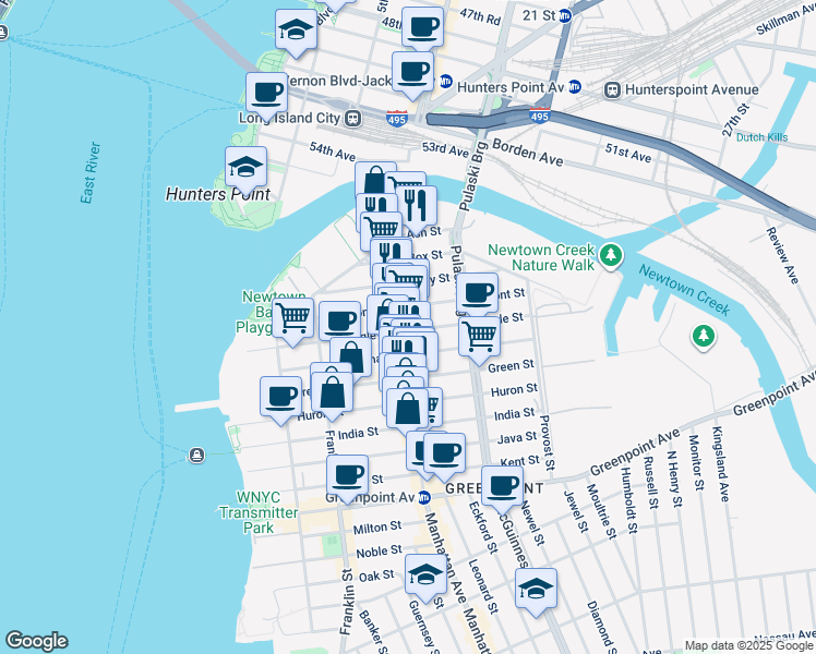 map of restaurants, bars, coffee shops, grocery stores, and more near 153 Eagle Street in Brooklyn