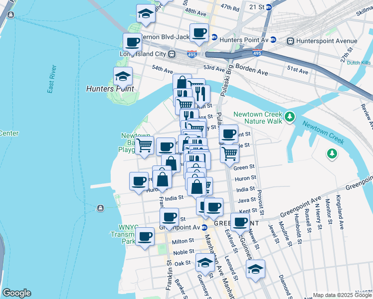 map of restaurants, bars, coffee shops, grocery stores, and more near 1059 Manhattan Avenue in Brooklyn