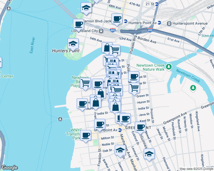 map of restaurants, bars, coffee shops, grocery stores, and more near 1059 Manhattan Avenue in Brooklyn