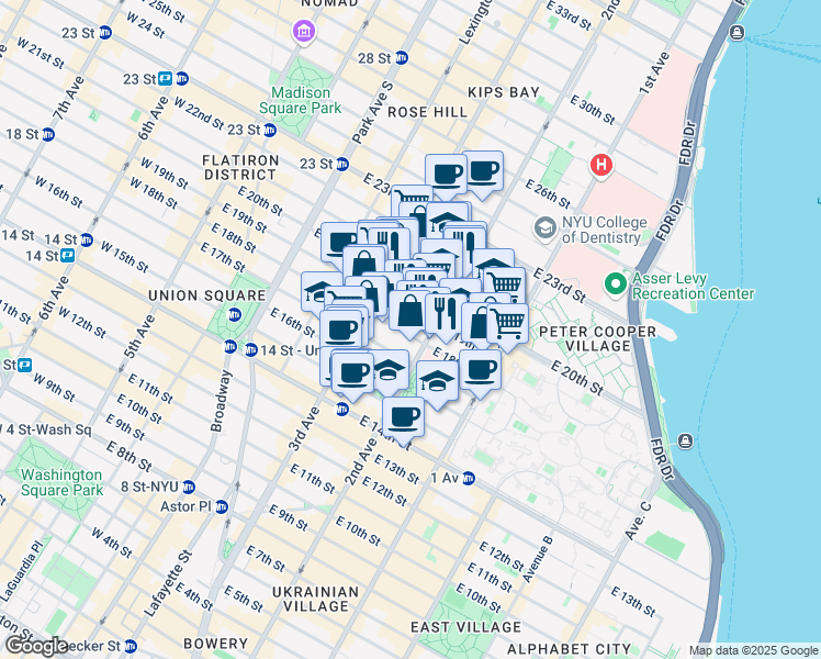 map of restaurants, bars, coffee shops, grocery stores, and more near 345 2nd Avenue in New York