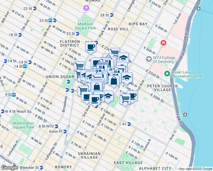 map of restaurants, bars, coffee shops, grocery stores, and more near 211 East 18th Street in New York