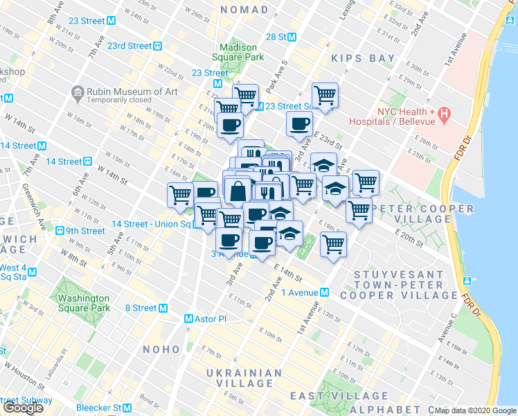 map of restaurants, bars, coffee shops, grocery stores, and more near 192 3rd Avenue in New York