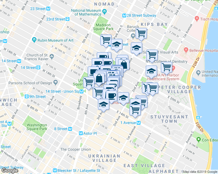 map of restaurants, bars, coffee shops, grocery stores, and more near 192 3rd Avenue in New York