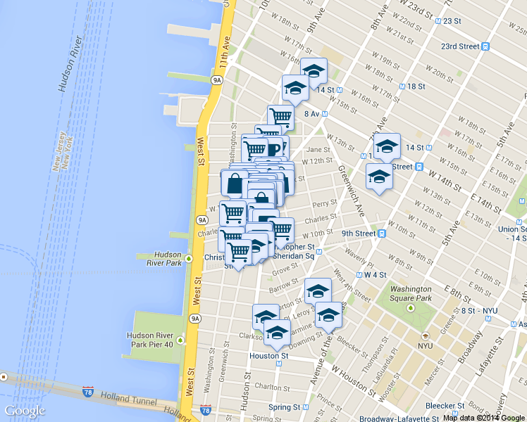 map of restaurants, bars, coffee shops, grocery stores, and more near 316 West 11th Street in New York