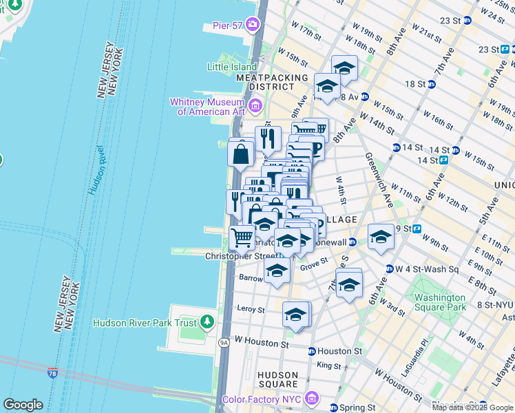 map of restaurants, bars, coffee shops, grocery stores, and more near 349 West 11th Street in New York