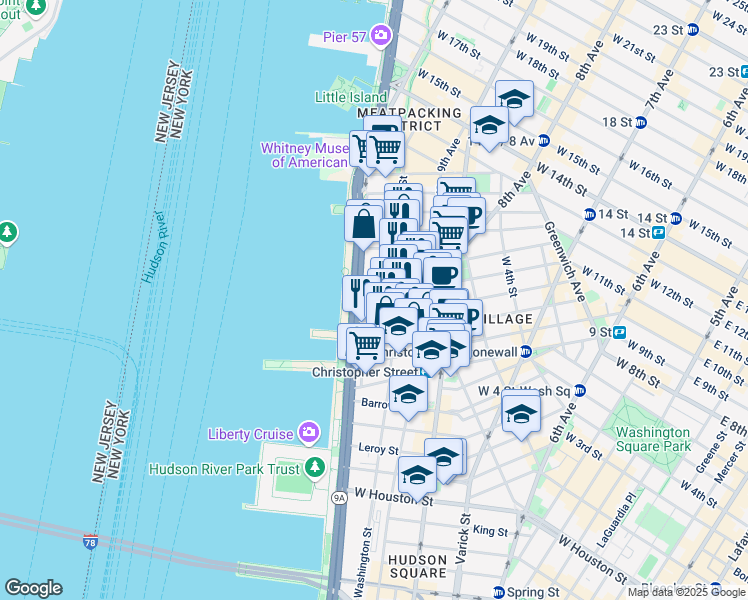 map of restaurants, bars, coffee shops, grocery stores, and more near 377 West 11th Street in New York
