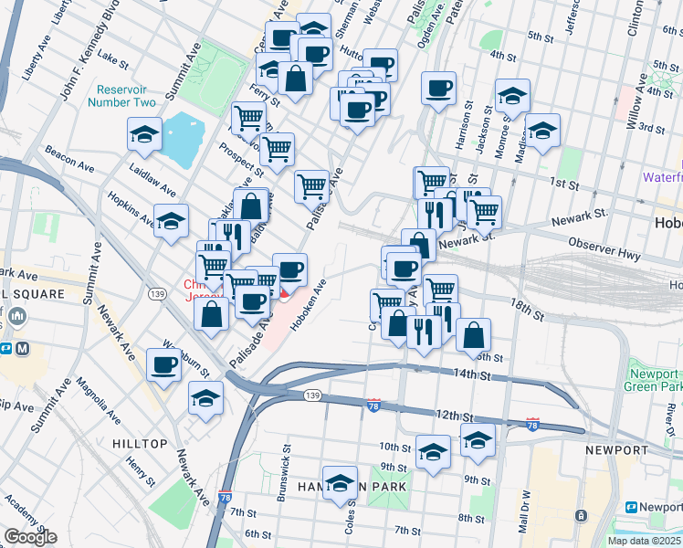 map of restaurants, bars, coffee shops, grocery stores, and more near 110 Hoboken Avenue in Jersey City