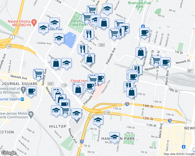 map of restaurants, bars, coffee shops, grocery stores, and more near 13 Laidlaw Avenue in Jersey City