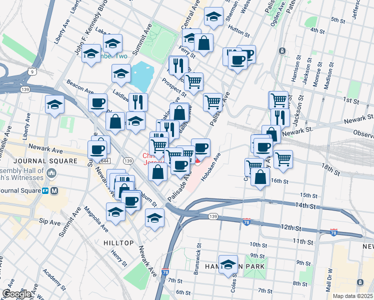 map of restaurants, bars, coffee shops, grocery stores, and more near 13 Laidlaw Avenue in Jersey City