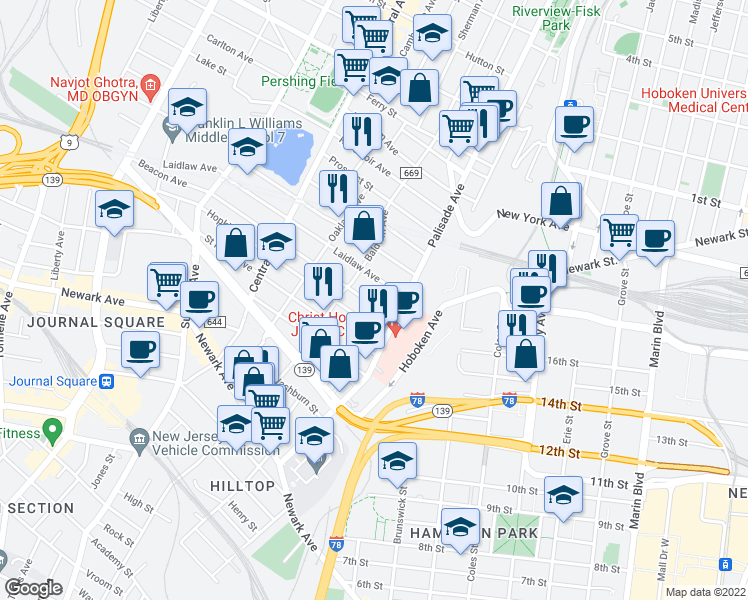 map of restaurants, bars, coffee shops, grocery stores, and more near 13 Laidlaw Avenue in Jersey City