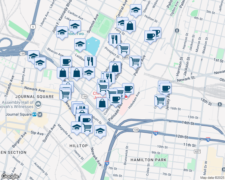 map of restaurants, bars, coffee shops, grocery stores, and more near 46 Beacon Avenue in Jersey City