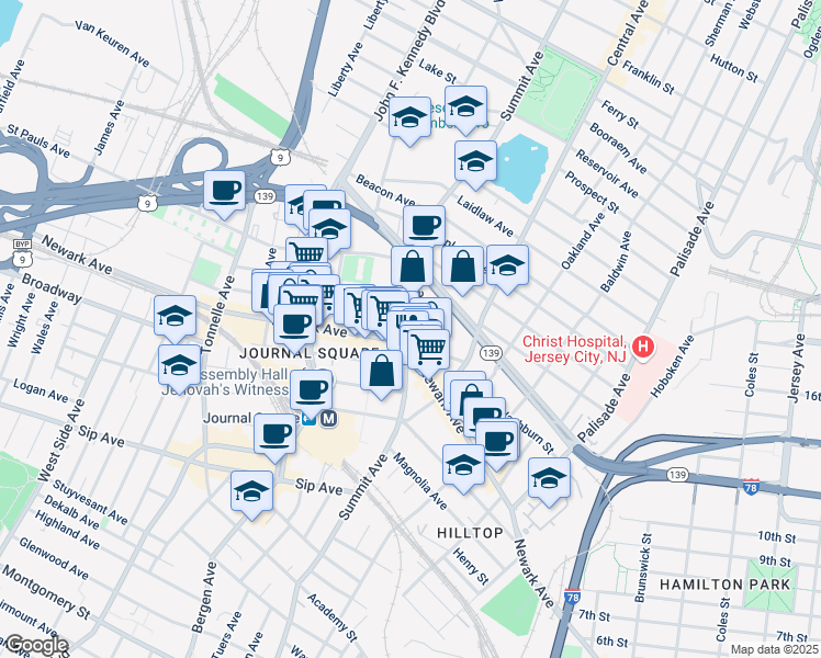 map of restaurants, bars, coffee shops, grocery stores, and more near in Jersey City