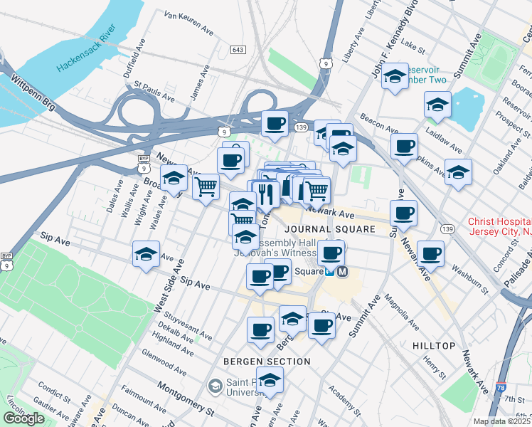 map of restaurants, bars, coffee shops, grocery stores, and more near in Jersey City