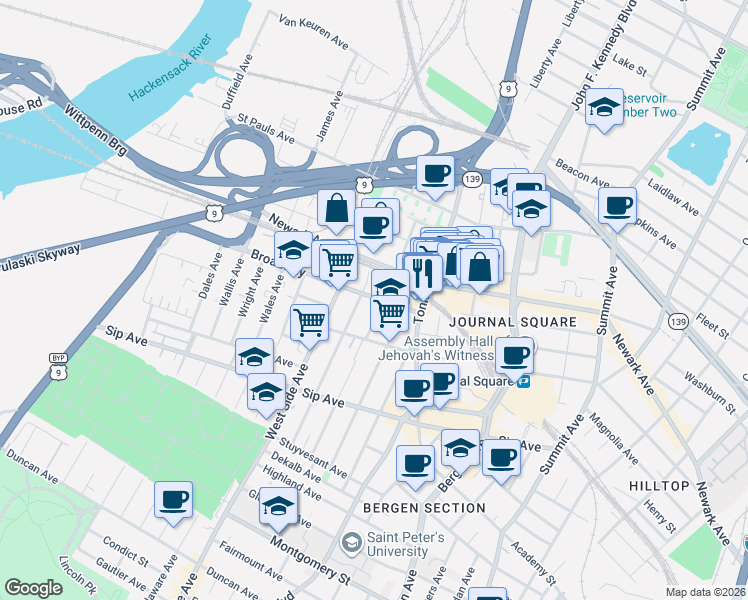 map of restaurants, bars, coffee shops, grocery stores, and more near 30 Broadway in Jersey City