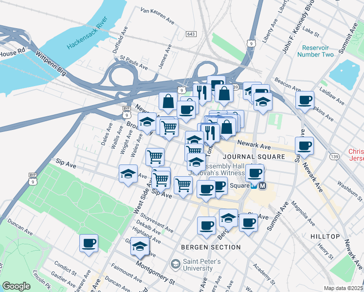 map of restaurants, bars, coffee shops, grocery stores, and more near in Jersey City