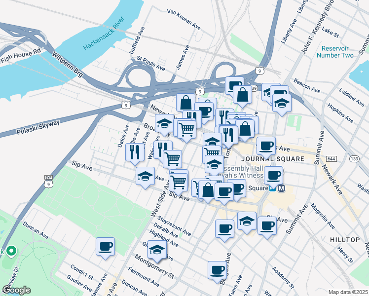 map of restaurants, bars, coffee shops, grocery stores, and more near 16 Marion Place in Jersey City