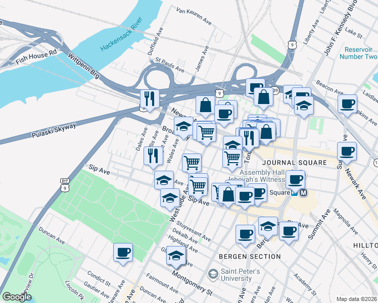 map of restaurants, bars, coffee shops, grocery stores, and more near 16 Marion Place in Jersey City