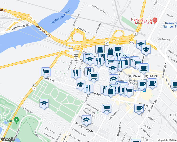 map of restaurants, bars, coffee shops, grocery stores, and more near 70 Wales Avenue in Jersey City