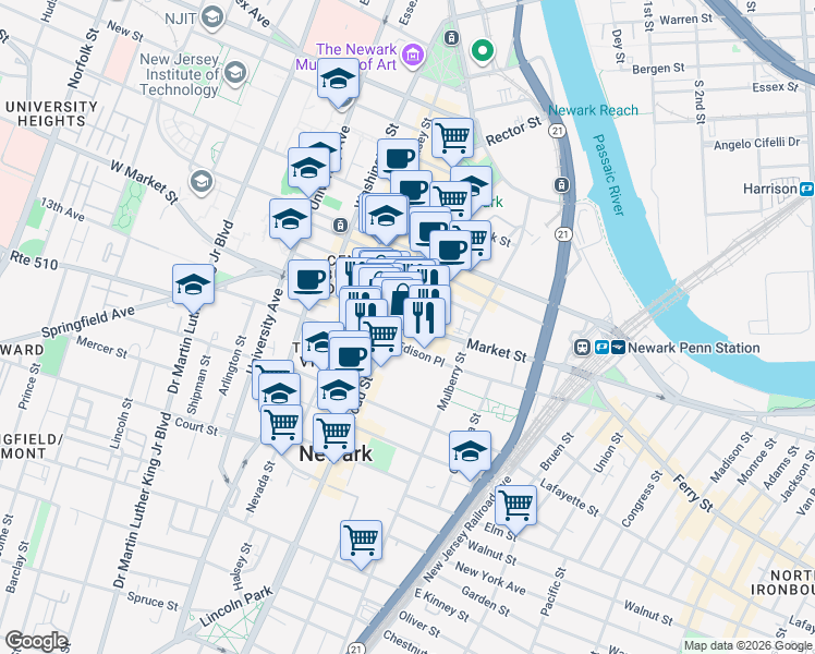 map of restaurants, bars, coffee shops, grocery stores, and more near in Newark