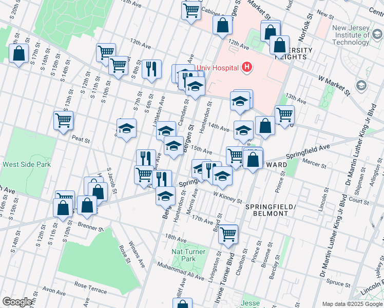 map of restaurants, bars, coffee shops, grocery stores, and more near 361 15th Avenue in Newark