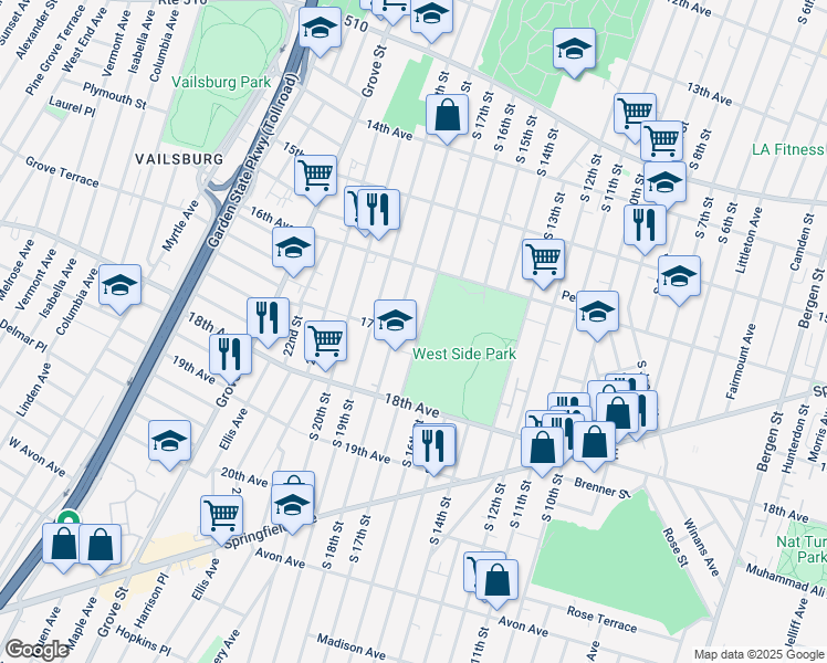 map of restaurants, bars, coffee shops, grocery stores, and more near 599 South 17th Street in Newark