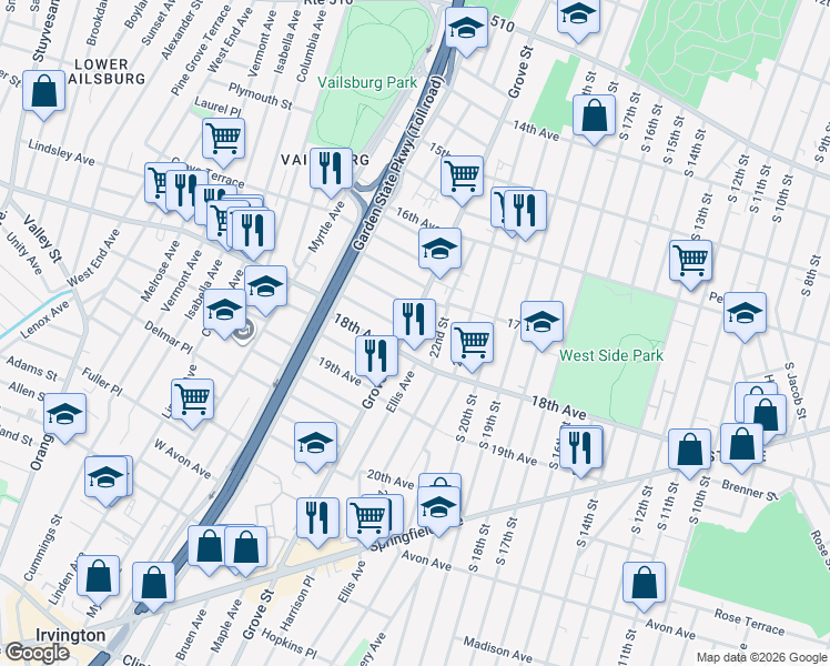 map of restaurants, bars, coffee shops, grocery stores, and more near 648 Grove Street in Irvington