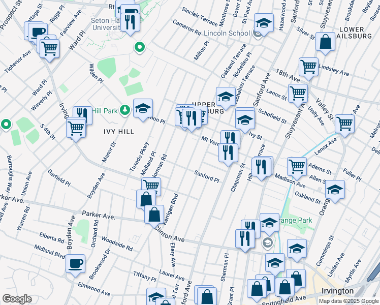 map of restaurants, bars, coffee shops, grocery stores, and more near 311 Kerrigan Boulevard in Newark