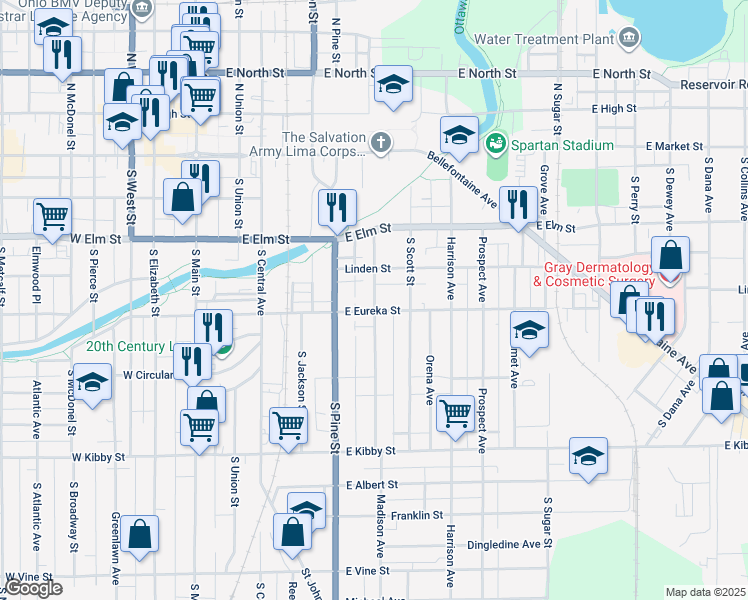 map of restaurants, bars, coffee shops, grocery stores, and more near 326 Mc Pheron Avenue in Lima