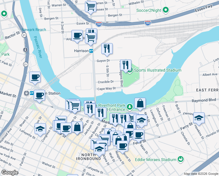 map of restaurants, bars, coffee shops, grocery stores, and more near 1200 South 5th Street in Harrison