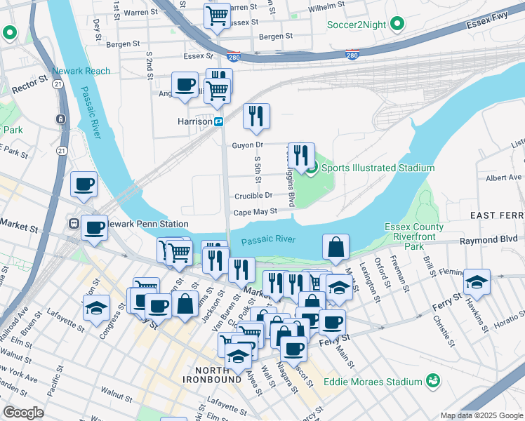 map of restaurants, bars, coffee shops, grocery stores, and more near 1200 South 5th Street in Harrison